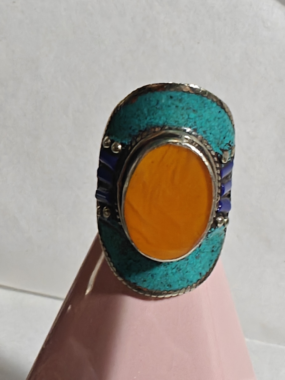 Tibetan Silver Turquoise Coral and Lapis Boho Ring